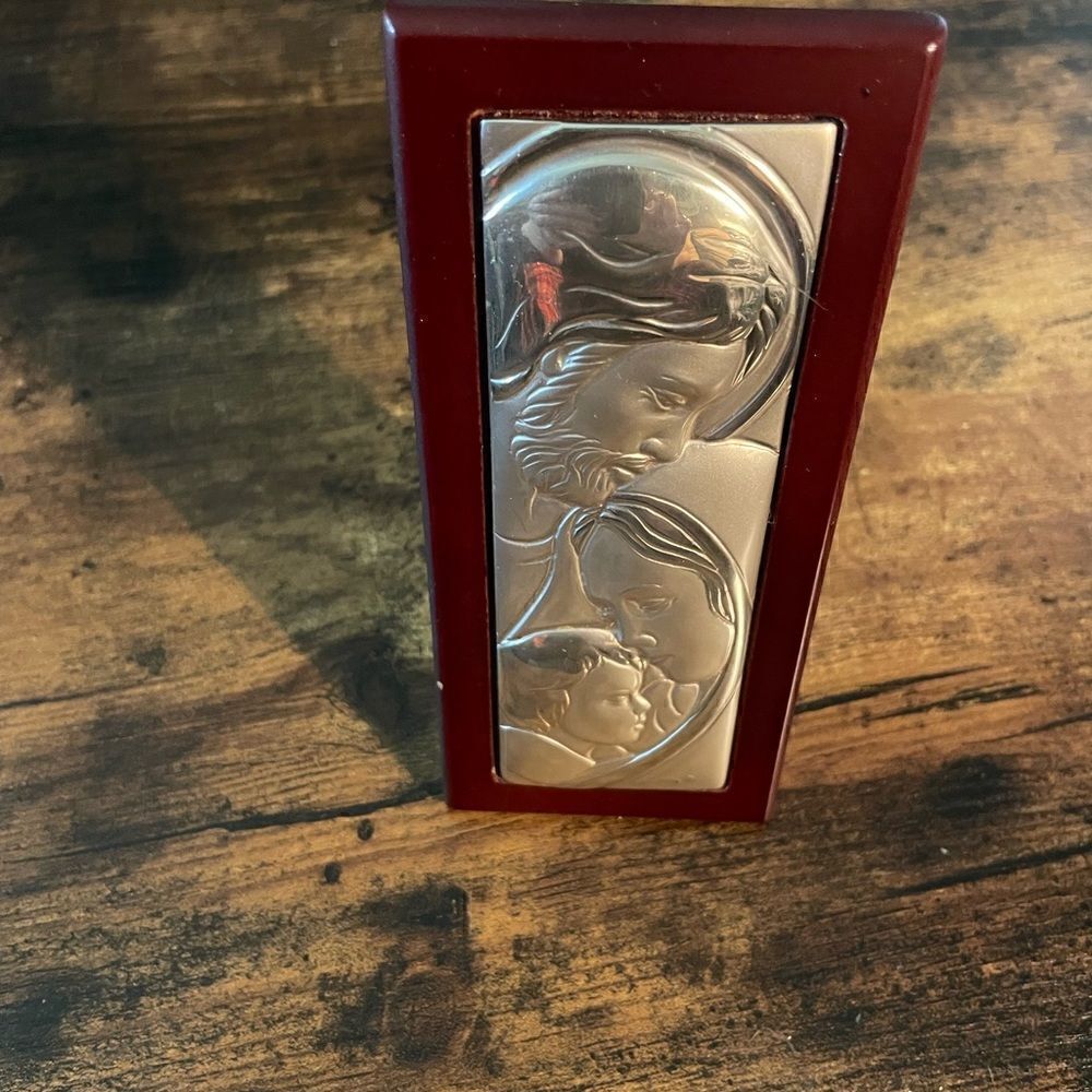 Italian 925 Silver Argento Holy Family Icon Plaque on Chery-wood Back